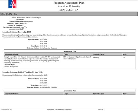 Program Assessment Plan American University SPA: CLEG - BA