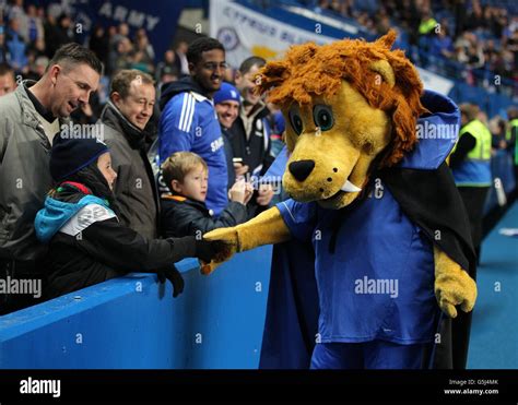 Chelsea mascot Stamford the Lion greets the fans wearing a cape for Halloween before the match ...