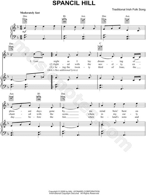 Traditional Irish Folk Song "Spancil Hill" Sheet Music in D Minor ...