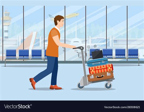 Man with luggage trolley in airport Royalty Free Vector