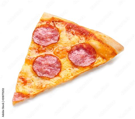 Slice of tasty Pepperoni pizza on white background Stock Photo | Adobe ...