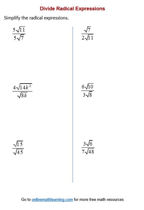 Divide Radicals Worksheets (printable, online, answers, examples)