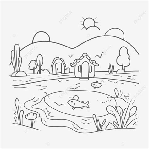 An Illustration Of An Illustration Of A Lake Coloring Page Outline Sketch Drawing Vector, Lake ...