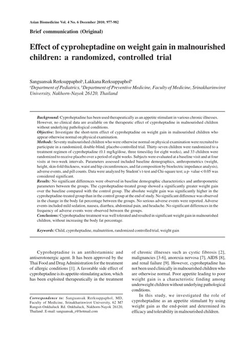 (PDF) Effect of cyproheptadine on weight gain in malnourished children: A randomized, controlled ...