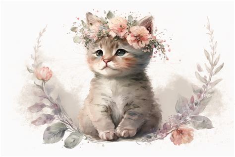 Cute Kitten with Flowers By Athena | TheHungryJPEG