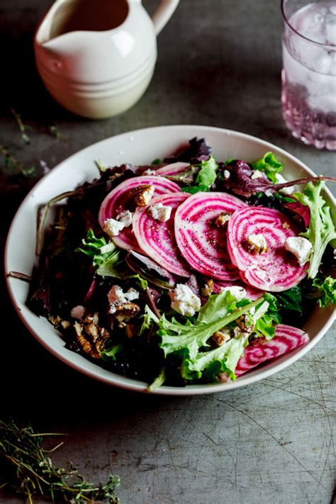 Candy-Striped beetroot salad with Maple-candied pecans and goat's cheese - Simply Delicious