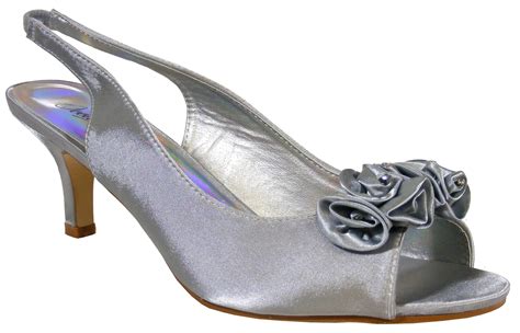 Ladies Silver Soft Satin Diamante Slingbacks Low Heels Bridesmaids Wedding Shoes