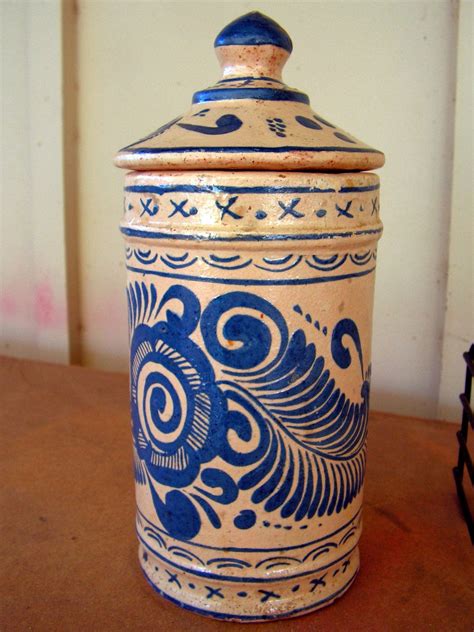Early Mexican Talavera Pottery Jar Lidded Puebla Majolica Blue Yellow Mexican Pottery Decor ...