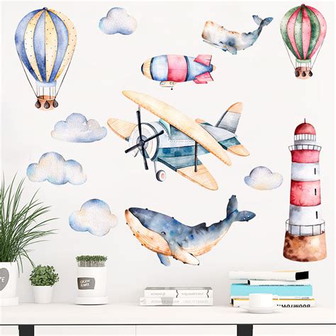 Watercolor Airplane Shark Wall Stickers - 3D Wall Stickers