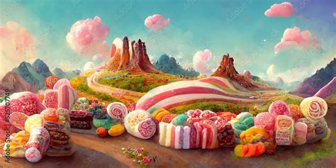 Fantasy candy land with colorful made of candy, lollipops, cake ...