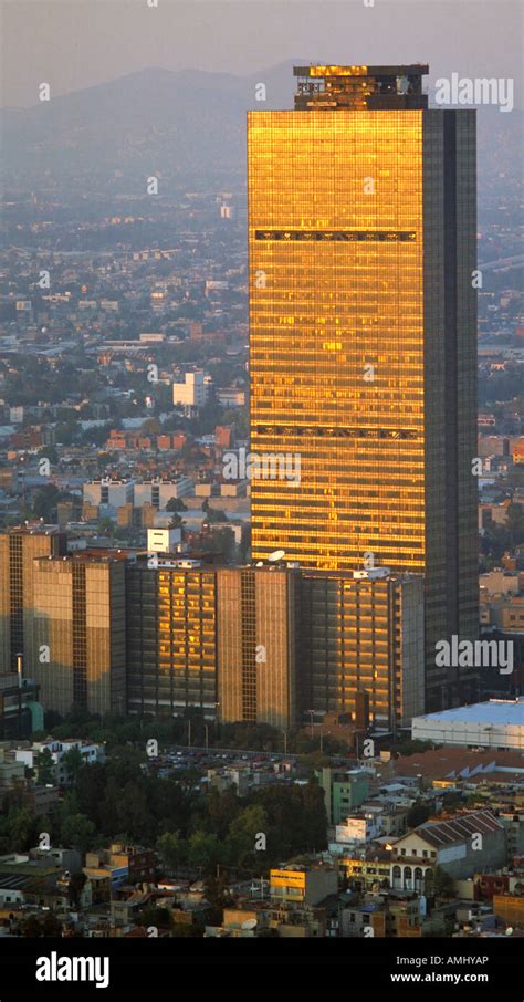 aerial above PEMEX Petróleos Mexicanos headquarters tower Mexico City ...