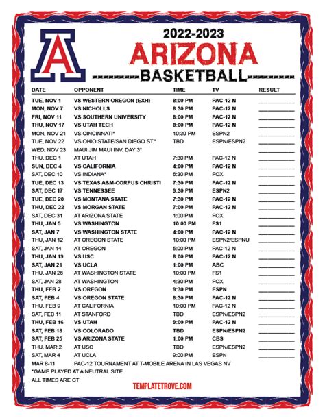 Printable 2022 2023 Arizona Wildcats Basketball Schedule - FreePrintable.me