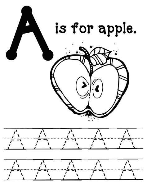 A Is For Apple Color And Tracing Worksheet | Kindergarten coloring pages, Kindergarten colors ...