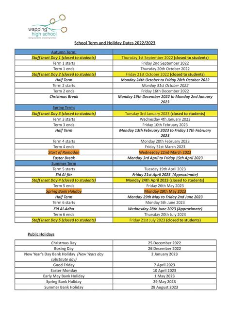 Term Dates | Wapping High School