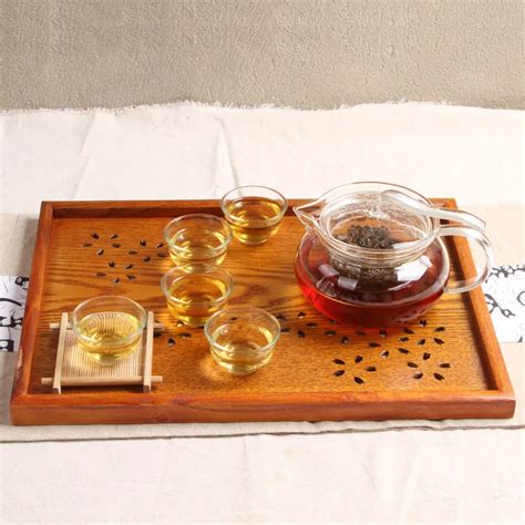 Japan Style Solid Wooden Tea Tray Hollow out sakura Rectangle Plate for Home/Hotel Serving Board ...