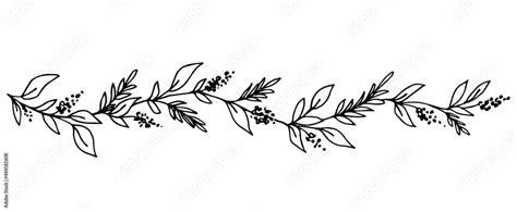 Simple hand-drawn vector drawing in black outline. Long floral banner, garland of leaves ...