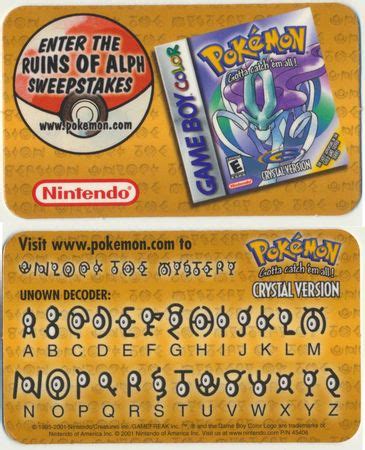 Pokemon Crystal Ruins of Alph Sweepstakes Unown Decoder Card