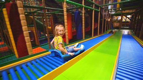 Fun Sled Slide Race at Busfabriken Lekland (indoor playground family fun for kids) - YouTube