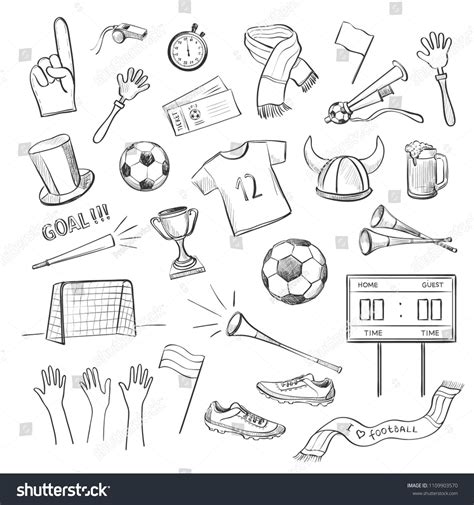 Collection of hand drawings on a football theme. Attributes of sports ...