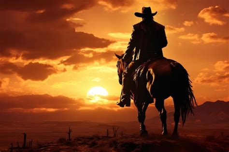 Premium Photo | A cowboy rides his horse in the sunset.