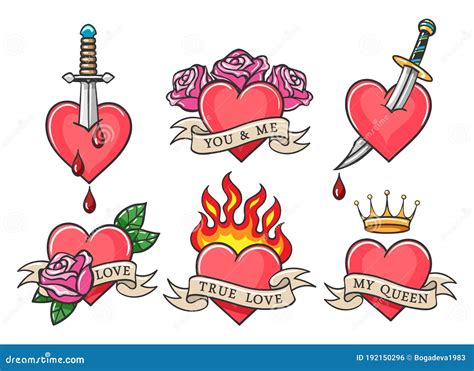 Old School Heart Tattoo Set Stock Vector - Illustration of inscriptions, blossom: 192150296