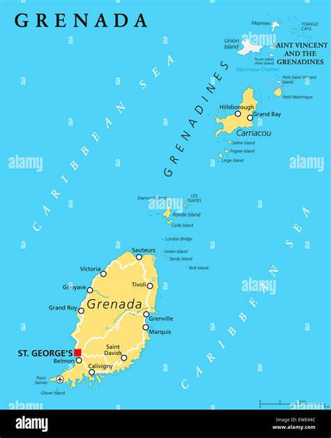 Grenada political map with capital St. Georges. Island Country, part Stock Photo - Alamy