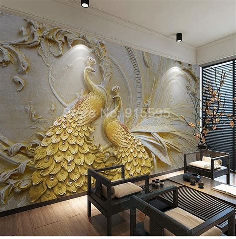 Exquisite Golden Peacocks Relief Wallpaper Mural, Custom Sizes ...