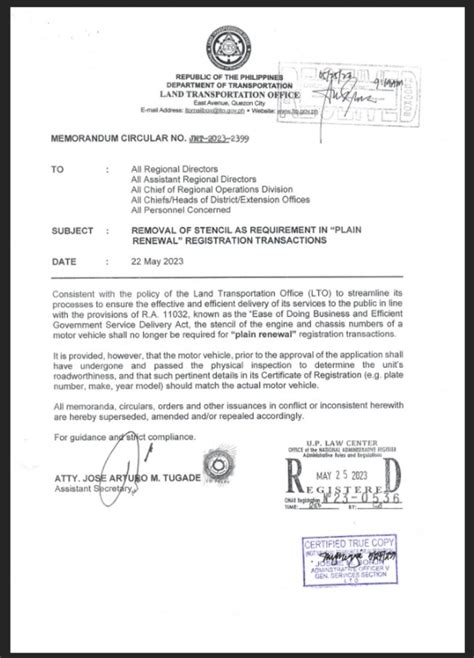 Official LTO Memo: Engine, Chassis Number Stencil For "plain Renewal" Vehicle Registration No ...