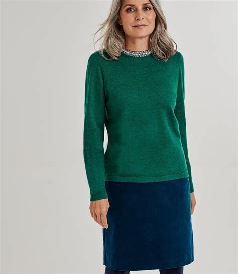 Green | Womens Merino Embellished Neck Detail Jumper | WoolOvers UK