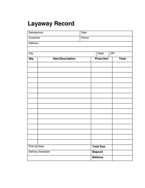 Free Printable Layaway Forms - Free Printable