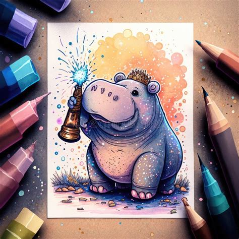 Colorful Cartoon in Hippopotamus Characteristic in Watercolor in Event ...