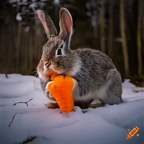 Rabbit eating a carrot in the snowy mountains on Craiyon