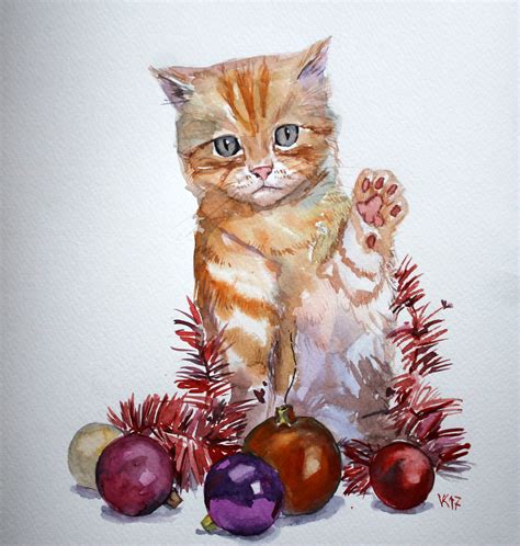 Christmas Kitten art original watercolor painting Cute animal | Etsy