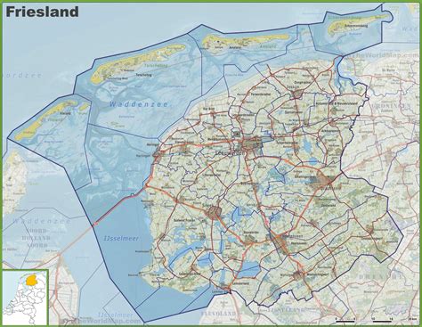 Map of Friesland with cities and towns