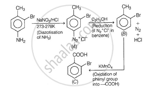 The product C in the following reaction is CH3, Br, NH2 ->[NaNO2/HCl][273 - 278 K] A -> [C2H5OH ...