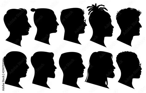 Silhouette man heads in profile. Black face outline avatars, professional male profiles ...