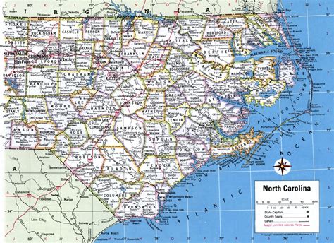 North Carolina state county map with roads cities towns highway counties