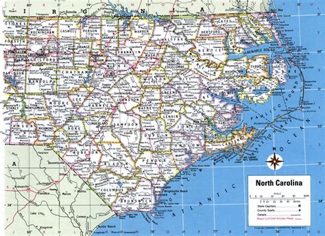 North Carolina state county map with roads cities towns highway counties