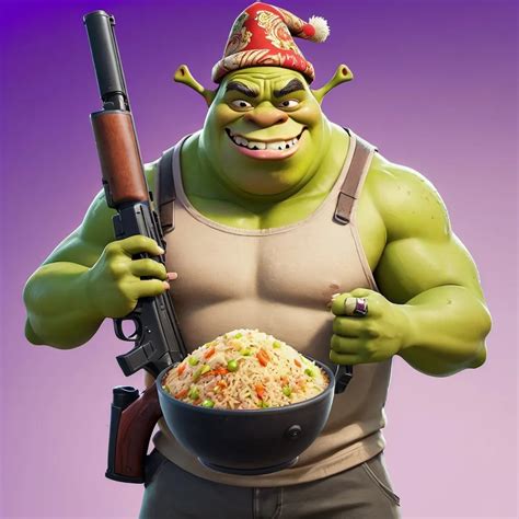 asian shrek holding fried rice with an asian hat and...