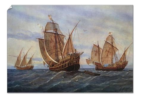 Print of The three caravels of Christopher Columbus, 1885, watercolor by Rafael Monleon y Torres ...