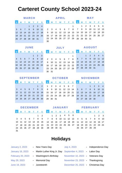 Carteret County Schools Calendar [CCS] 2023-24 With Holidays