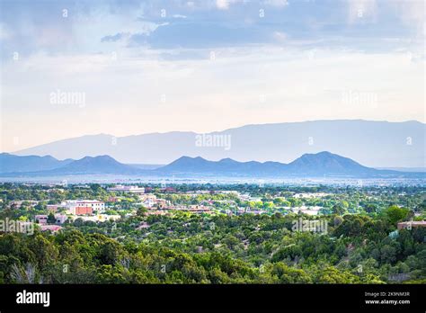 Sunset in Santa Fe, New Mexico skyline with golden hour light, summer ...