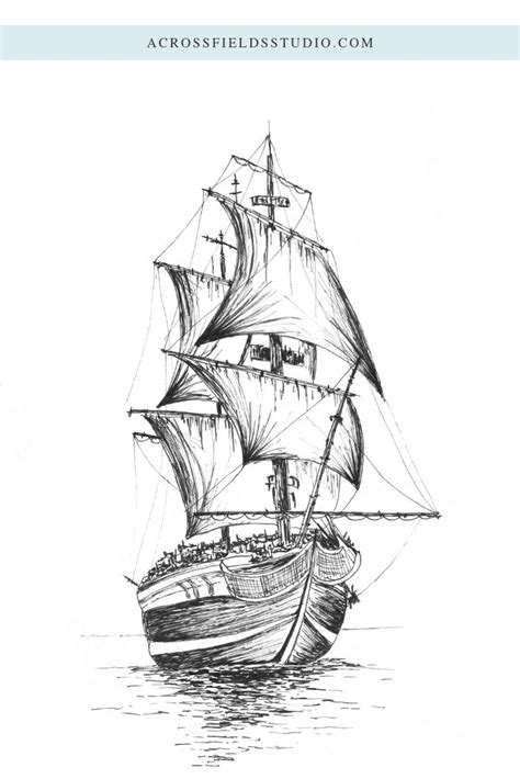 Sailboat Drawing in Black and White. Ship at Sea. | Ship drawing, Sailboat drawing, Ship sketch