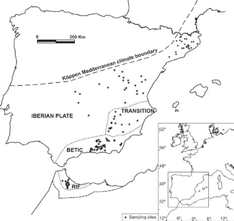 -Site location and sampling area grouped by geological regions: Iberian ...