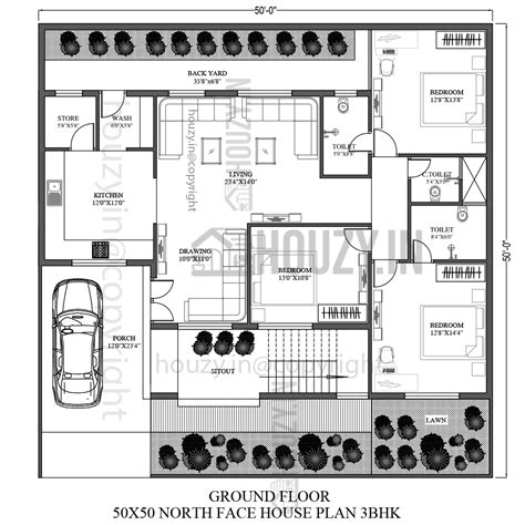 50x50 house plans north facing | 3 bedrooms north face house plan | HOUZY.IN