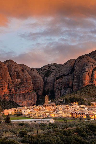 Prints of Aguero village with Mallets of Aguero at sunrise. Aguero, province of Huesca, Aragon ...