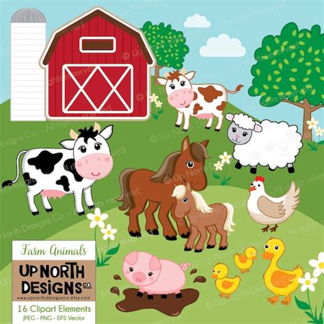 Farm Animals Clipart Cow Horse Duck Sheep Pig Illustrations