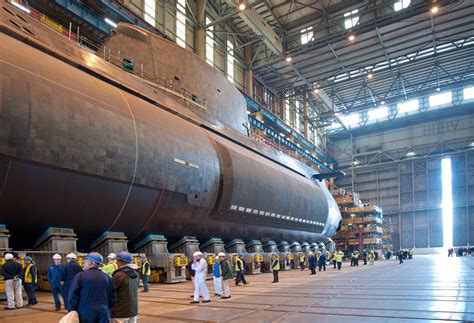 Royal Navy's Astute class SSN HMS Anson (S-123) before launch. Note the massive Thales S2076 ...