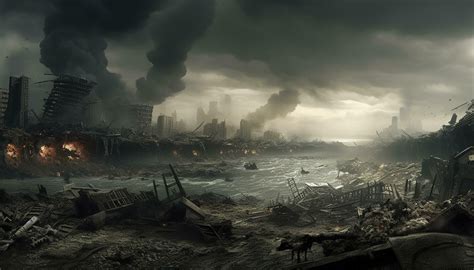 Post apocalypse. Nuclear apocalypse survivor. Ruined Cityscape. Concept. Banner size. Header, A ...