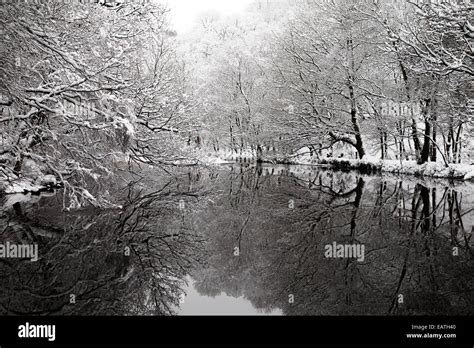 mill pond winter lake reflection black and white Stock Photo - Alamy